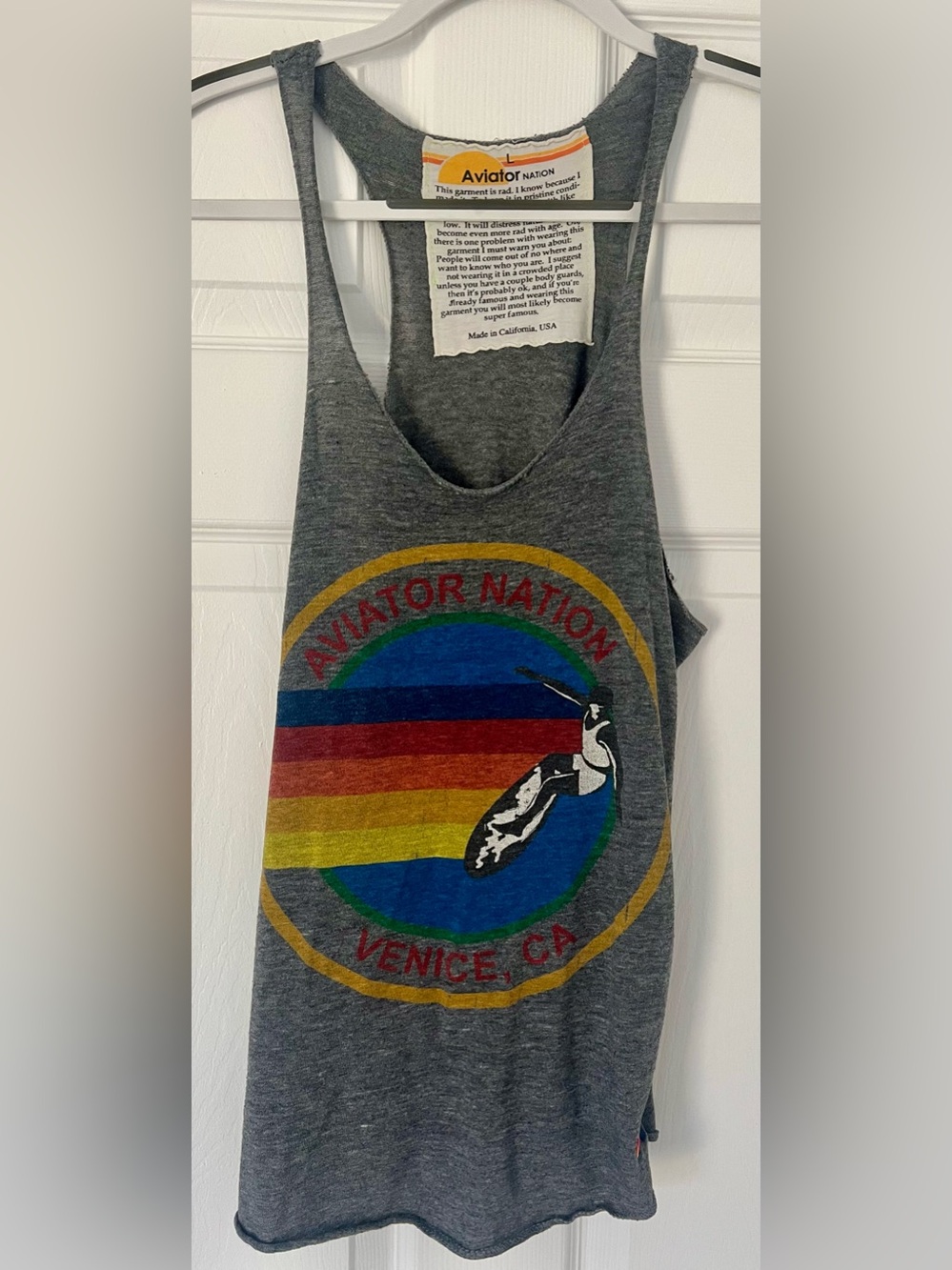 Aviator Nation Surfer Logo Tank with Classic Rainbow Design size L